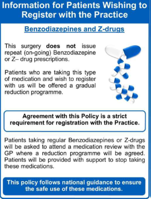 The practice does not issue repeat prescriptions for Benzodiazepine or Z-drugs